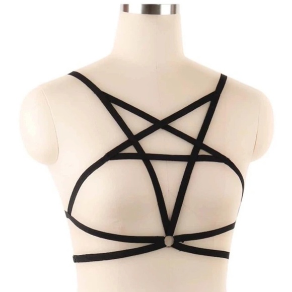 Elastic Ring Linked Strap Chest Cage Harness Cross Bra Bondage - Picture 3 of 4
